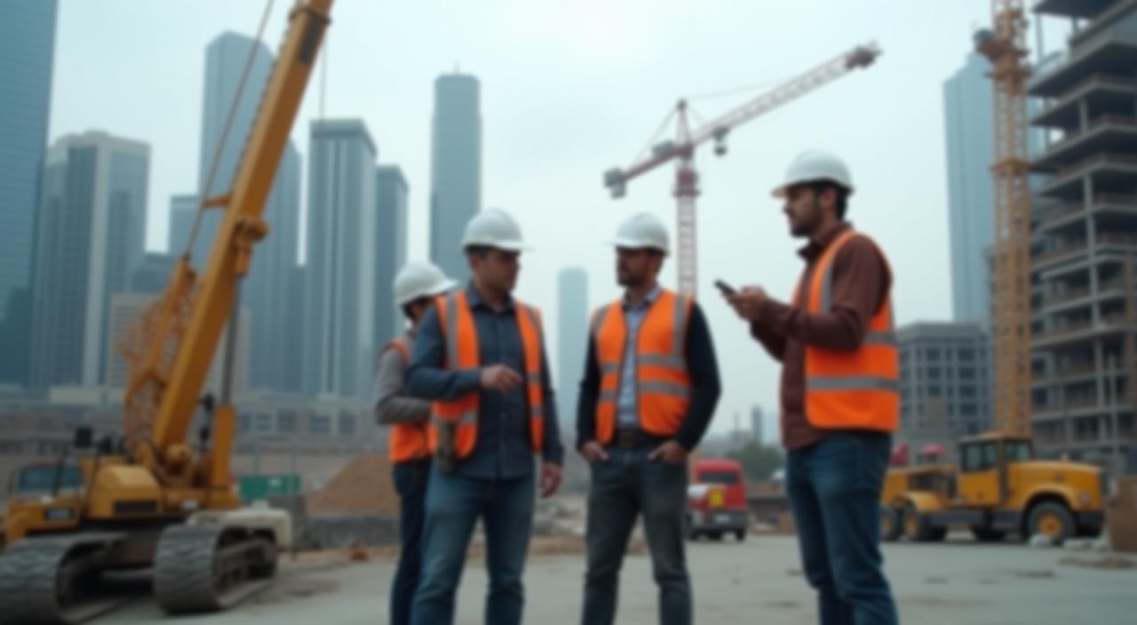 Diverse team onsite overseeing construction progress