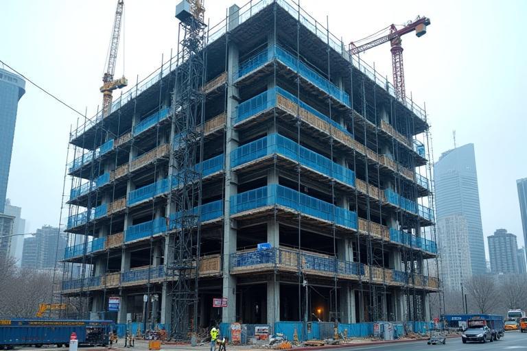 Office building under construction with scaffolding