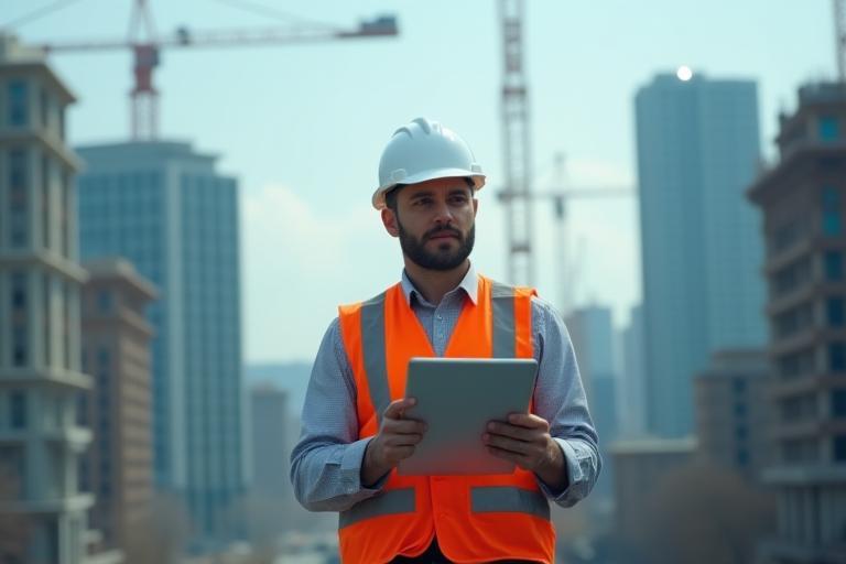 Project manager with tablet at city building site