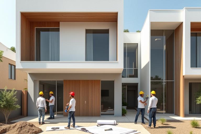 Team working on modern residential building facade