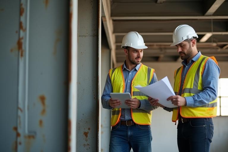 Engineers assessing structural beams on site